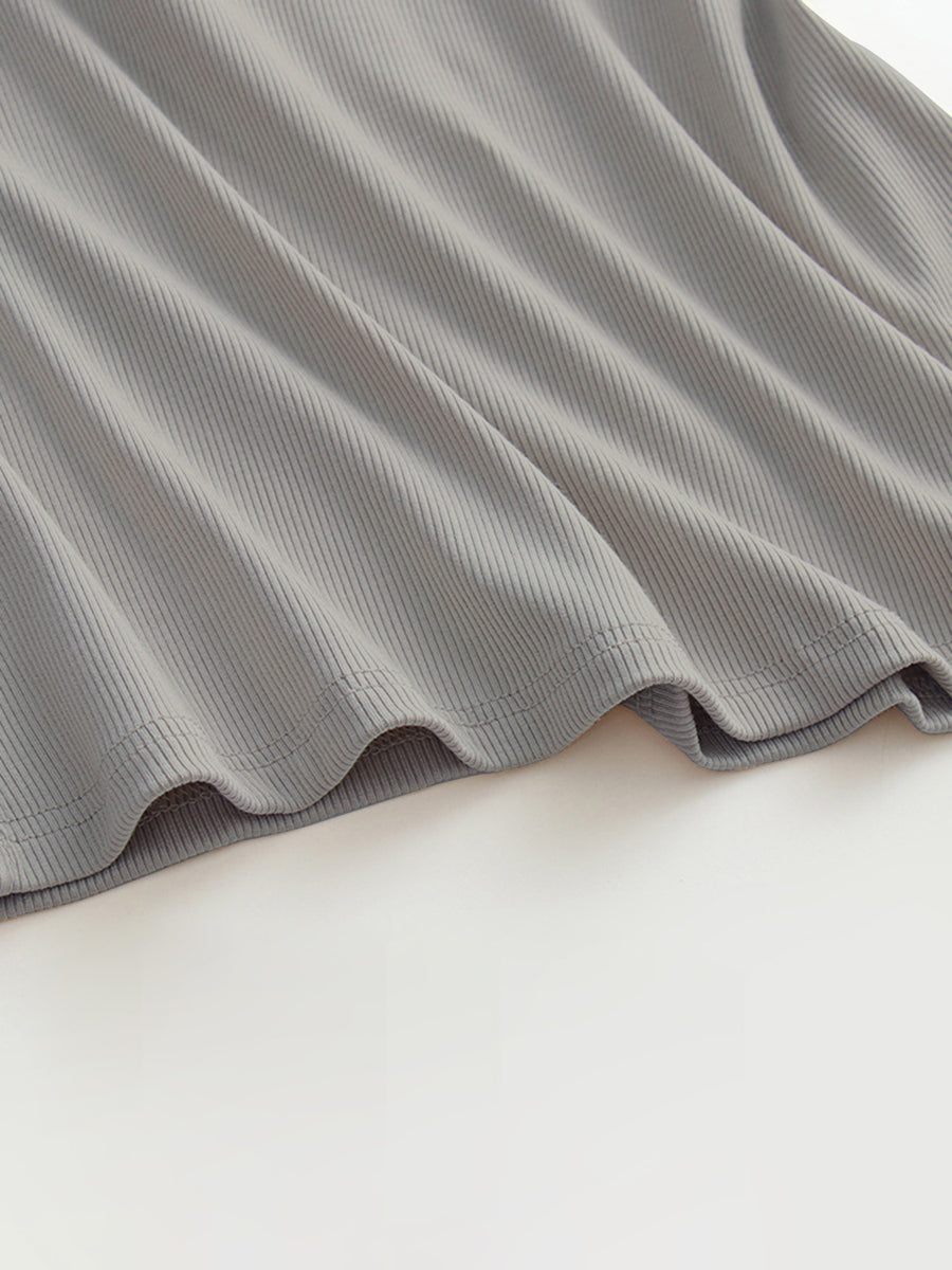 Gray ribbed halter tank top with built-in bra detail