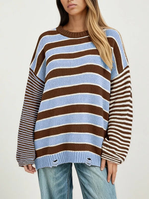 grunge pullover sweater in Brown with crew neck