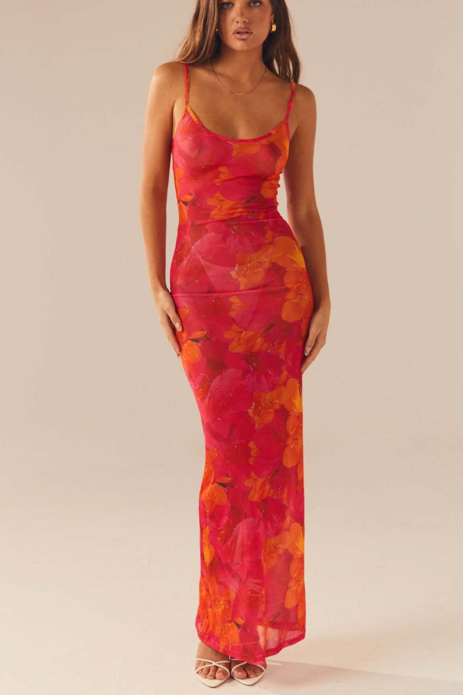 Red floral print mesh maxi dress with spaghetti straps