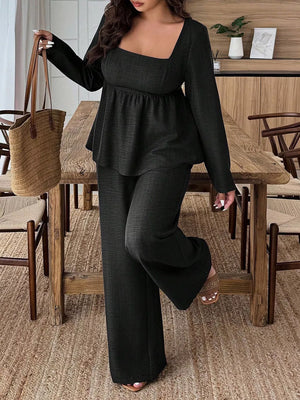 Dark brown ruched square neck two-piece set with peplum top and wide-leg pants.