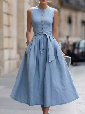 Sleeveless Button-front Belted Midi Dress Plus Size in Sea blue