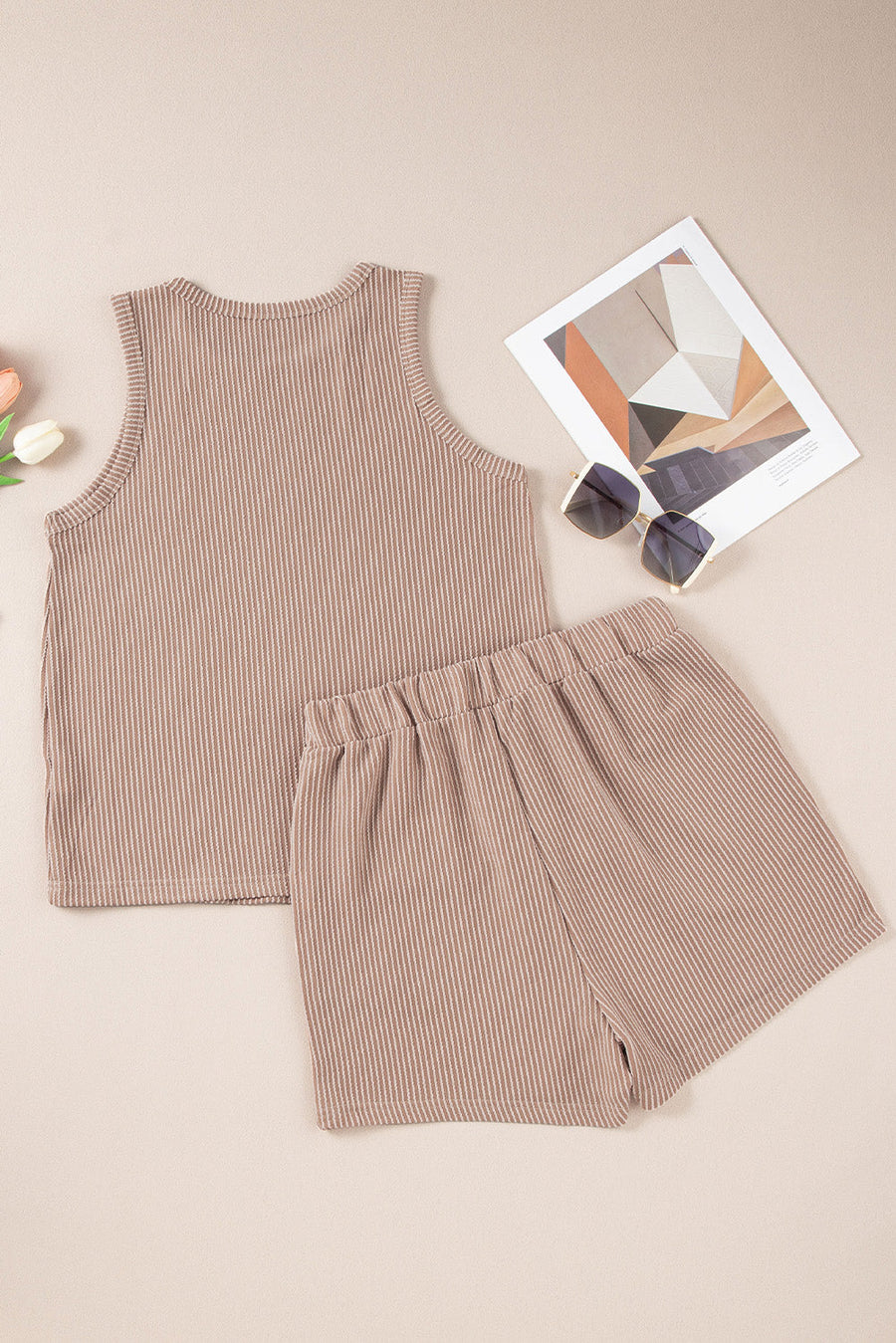 Tan ribbed knit tank top and shorts set with vertical pinstripe texture.