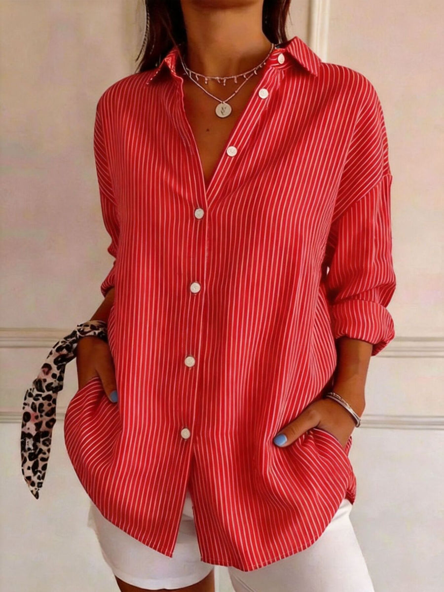 button-down shirt featuring striped in white with 95% polyester, 5% spandex Care instructions: Machine wash cold texture