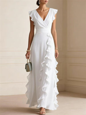 Ruffled Surplice Maxi Dress in Apricot Color with frill