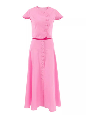 Pink skirt set with cropped (top), midi (skirt) and button-front (top), side button (skirt)