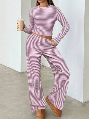 two-piece set featuring striped in tan with 65% polyester, 30% viscose, 5% elastane Care instructions: Machine wash cold