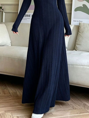 Long Sleeve Ribbed Knit Dress in Dark Navy