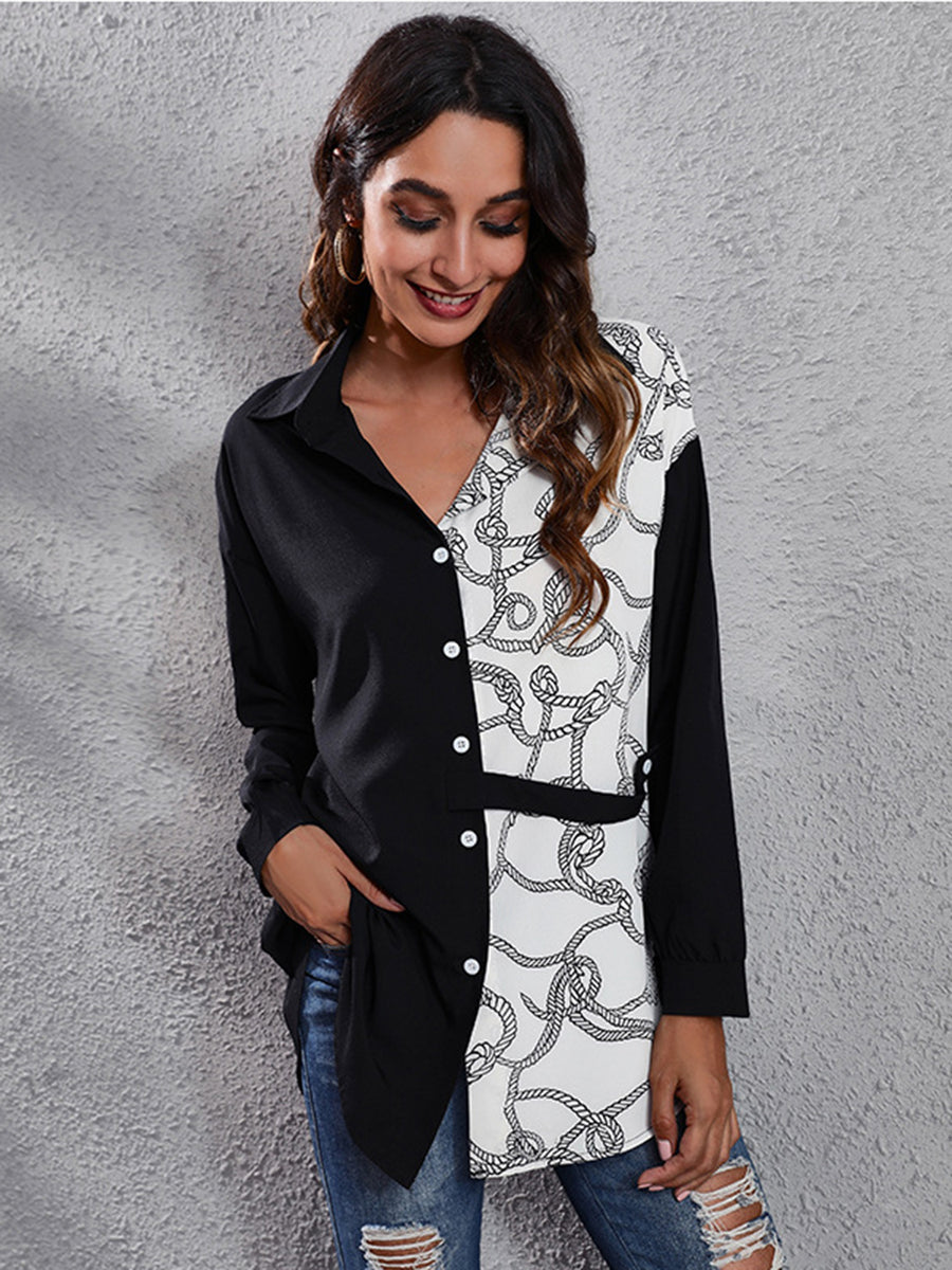 Black and white rope print panel button-down blouse with a black solid side.