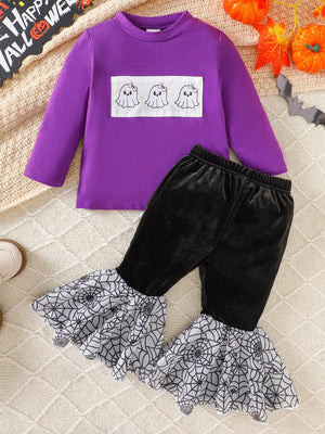pajama set featuring pumpkin embroidery, spiderweb print in Orange with 95%cotton,5%spandex Care instructions: Machine wash