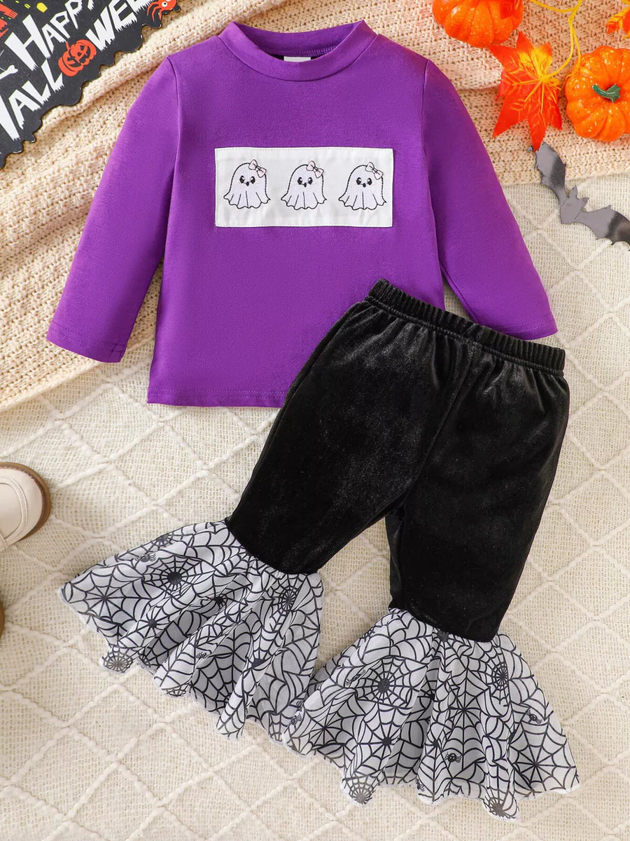 pajama set featuring pumpkin embroidery, spiderweb print in Orange with 95%cotton,5%spandex Care instructions: Machine wash