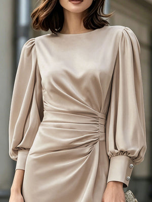 100% polyester Care instructions: Machine wash cold midi dress in Champagne Color with fitted silhouette