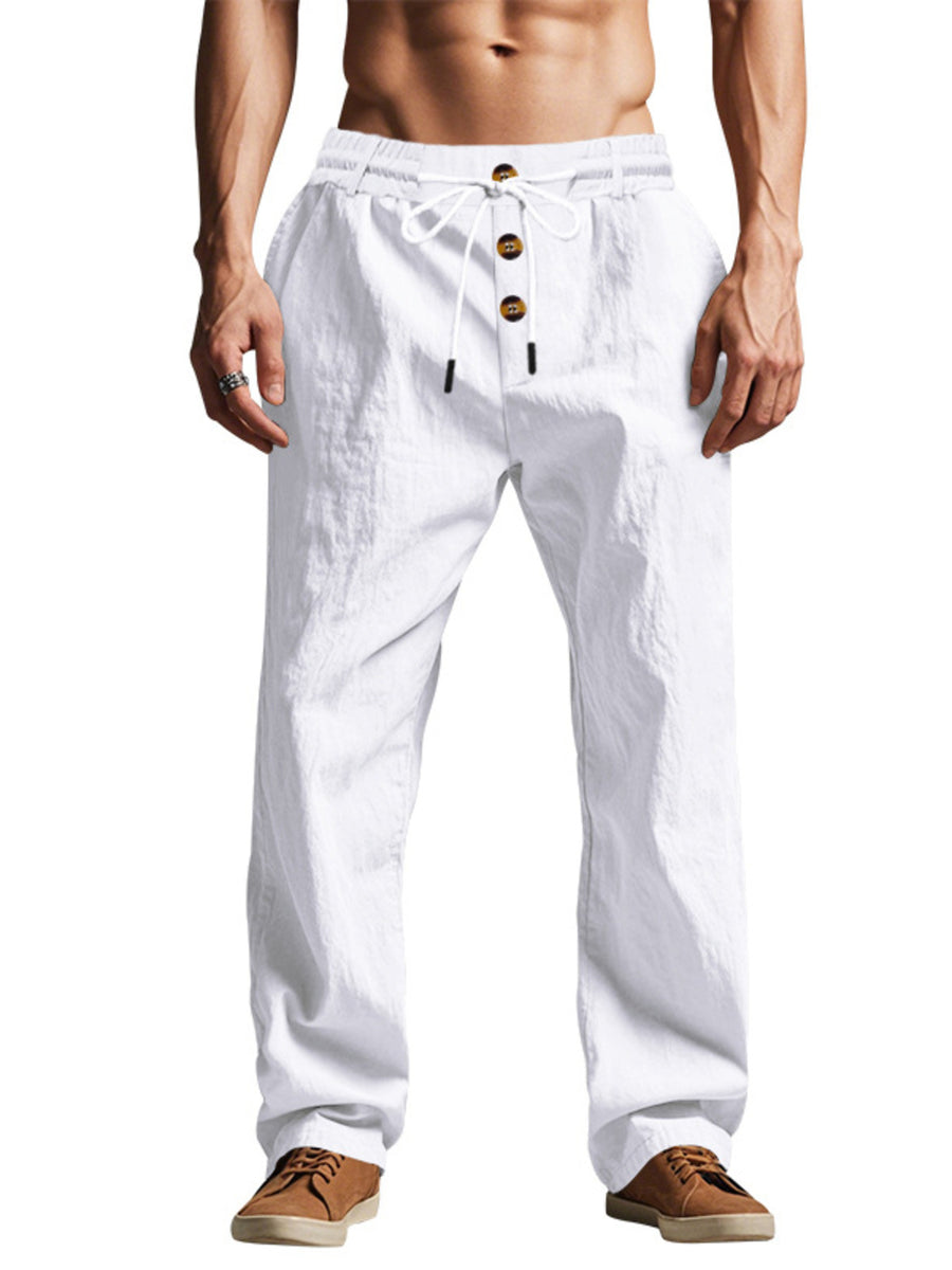 Men's Full Size Drawstring Button-Front Pants in beige