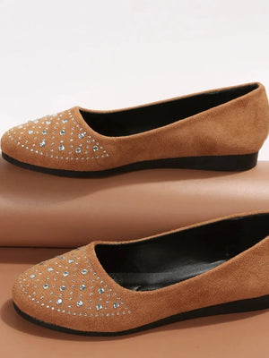 Brown embellished suede ballet flats with crystal accents