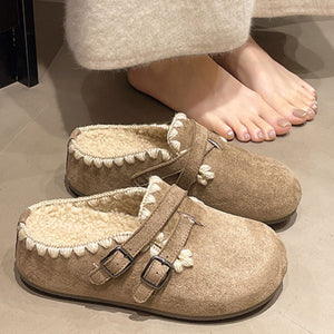 Decorative Buckle Slip-On Flats in Rust with fluff lining