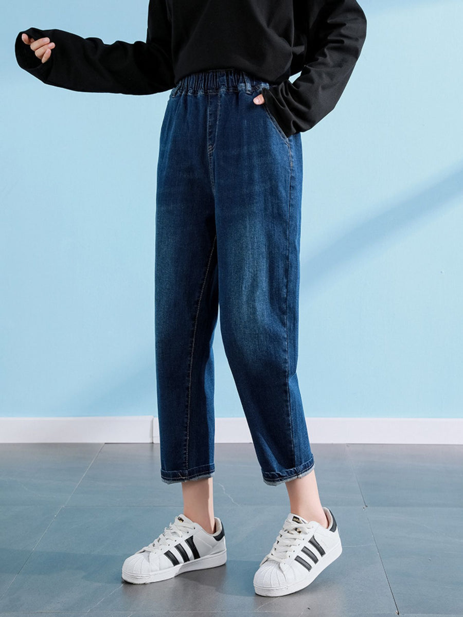 Plus Size High-Waisted Casual Jeans in Blue with washed