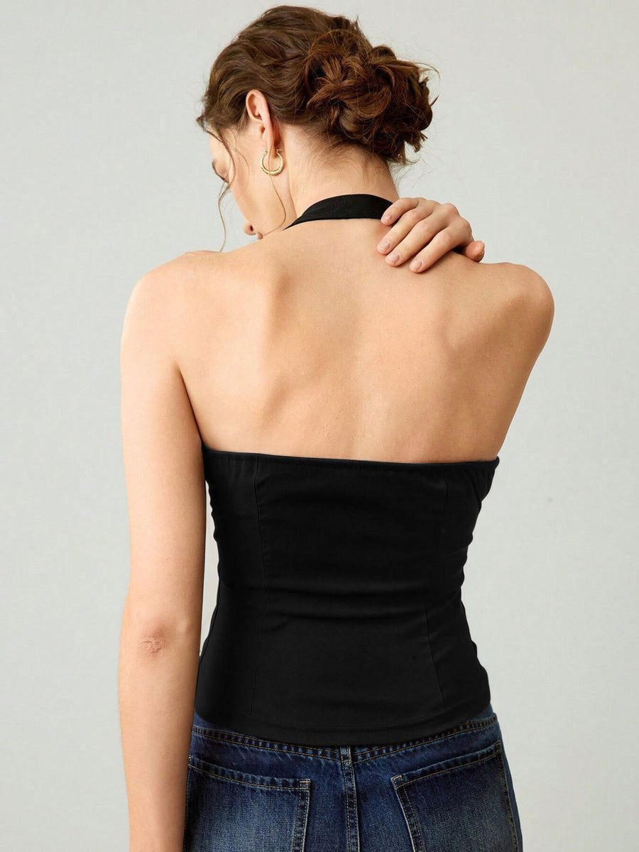 black halter top with stretch and sleeveless