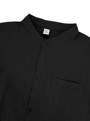 Black cotton band-collar button-down shirt with chest pocket
