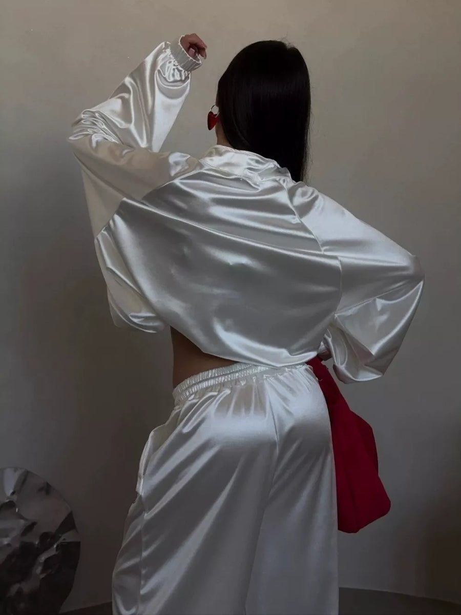 White relaxed track jacket with mock neck