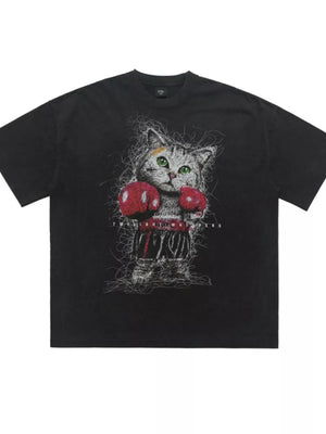 Black oversized cotton blend t-shirt with a vintage-inspired boxer cat graphic print.