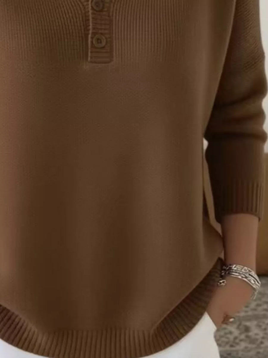 Full Size Button Ribbed Knit Sweater Plus Size in Dark Brown with ribbed