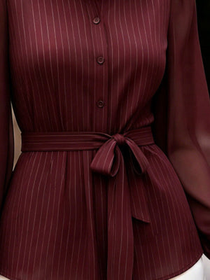 Striped Tie Waist Long Sleeve Shirt in Black
