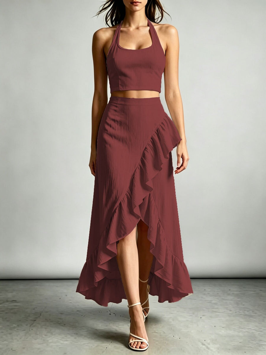two-piece set in Burgundy with ruffled and maxi