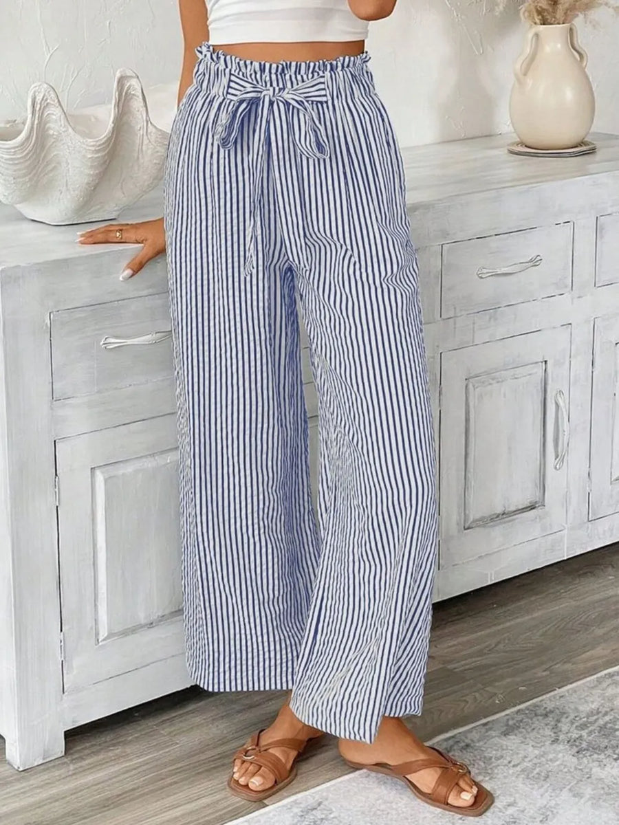 Blue striped maternity paper bag pants with tie waist and wide leg