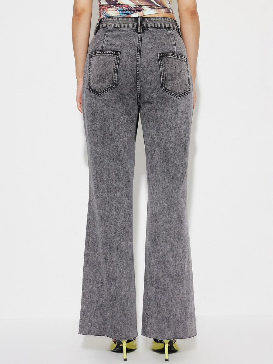 Dark gray acid wash flare jeans with a high-rise fit and raw hem.