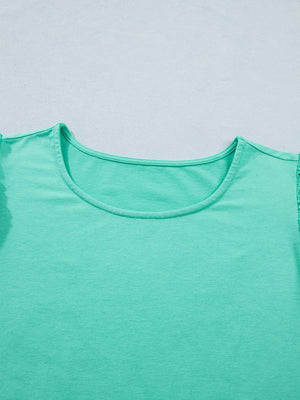 Eyelet lace ruffled cap sleeve top in mint green with a scoop neckline.