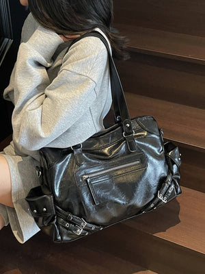 Buckle Accents Medium Shoulder Bag in White with buckle accents