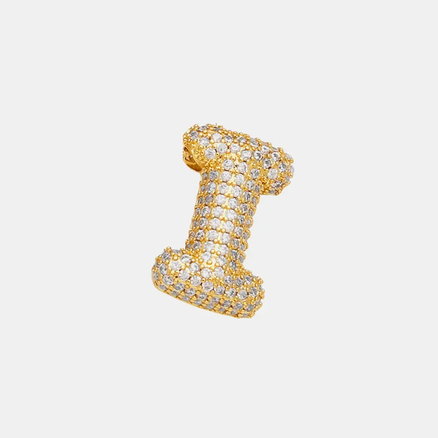 Puffed pave initial pendant necklace in gold with clear stones, letter I