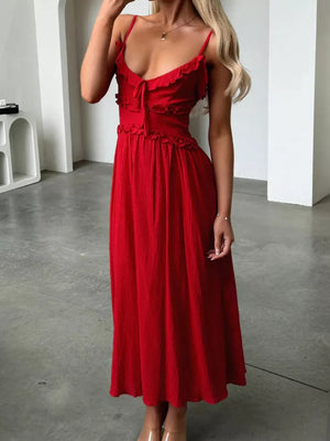 Red ruffled midi dress with spaghetti straps and tie front, A-line cut