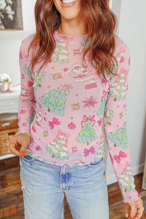 light pink long sleeve top with novelty print and mock neck