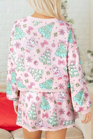 Blush Pink pajama set featuring drawstring waist and Christmas print