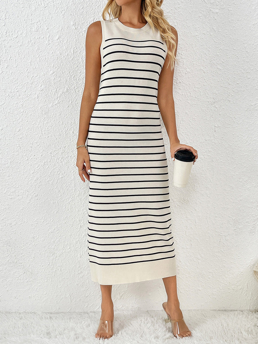 Striped ribbed sleeveless midi dress in cream with black stripes and a crew neck.