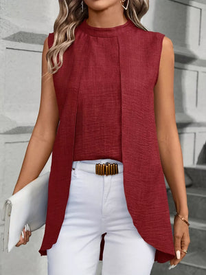 Wine red mock neck sleeveless tank top with draped front detail.