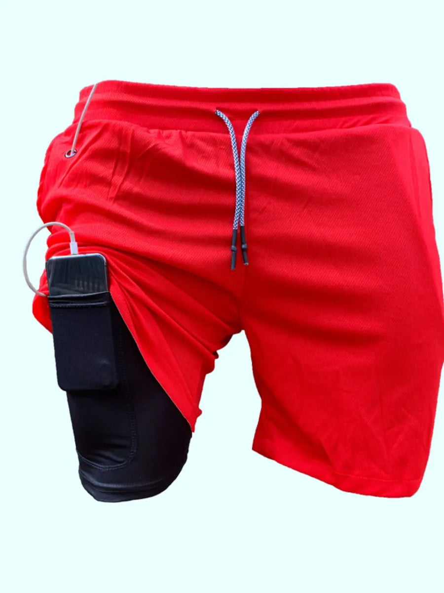 Red dual-layered performance shorts with black compression liner and phone pocket.