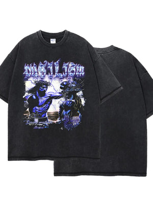 Black graphic tee with half sleeves and a vintage wash, featuring a bold front print.