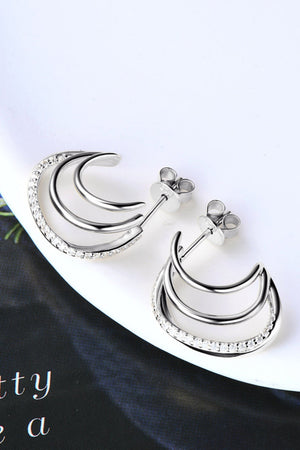 Silver triple hoop diamond stud earrings with pavé diamond accents