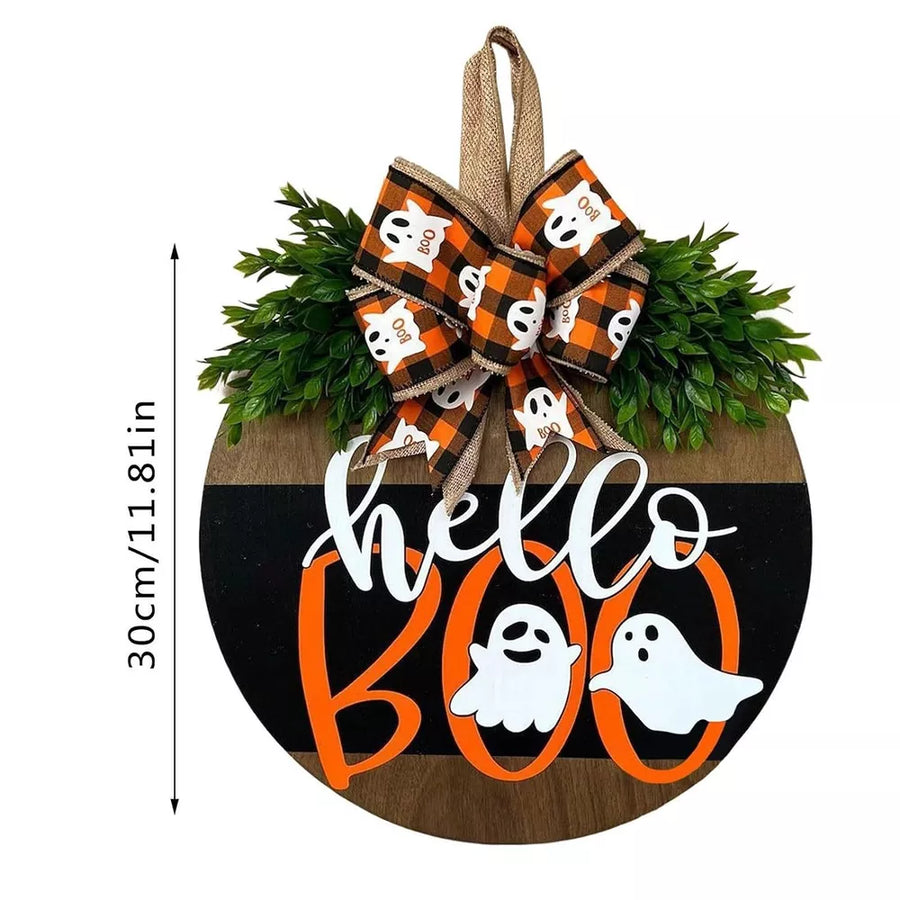 Door Hanger in orange with plaid and decorative bow