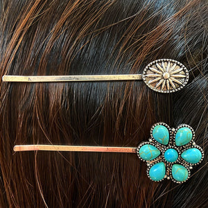 Turquoise blossom and sunburst hair pins with alloy metal details.