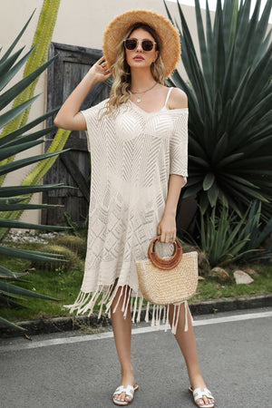Open-knit cover-up dress in tan with chevron pattern and fringe hem.