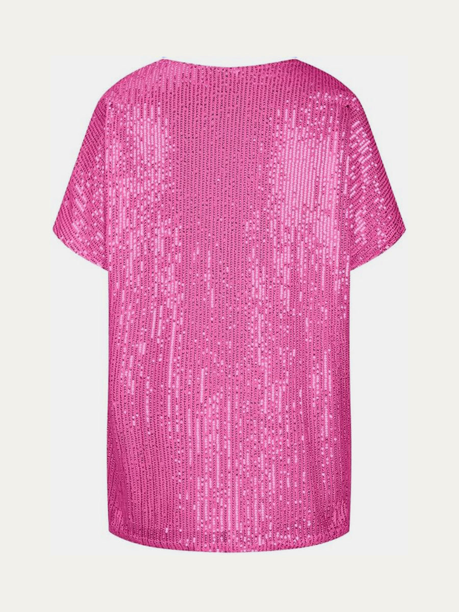 Pink sequin slouchy V-neck top with short sleeves