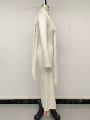 Round Neck Maxi Knit Dress With Scarf in ivory