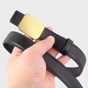 Black leather casual belt with a gold rectangular buckle.