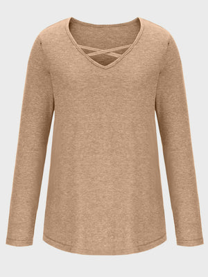 Tan long sleeve t-shirt with crisscross lattice neckline detail