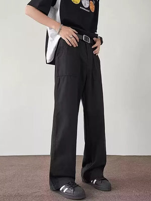 Black casual wide-leg cargo pants for men with side pockets and a relaxed fit.