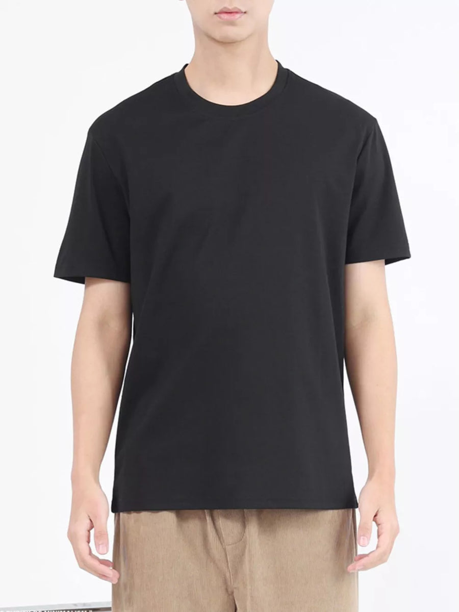 Men's black crew neck t-shirt, short sleeves, cotton, breathable.