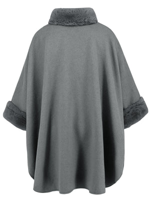 Gray cape coat with faux fur trim on collar and cuffs