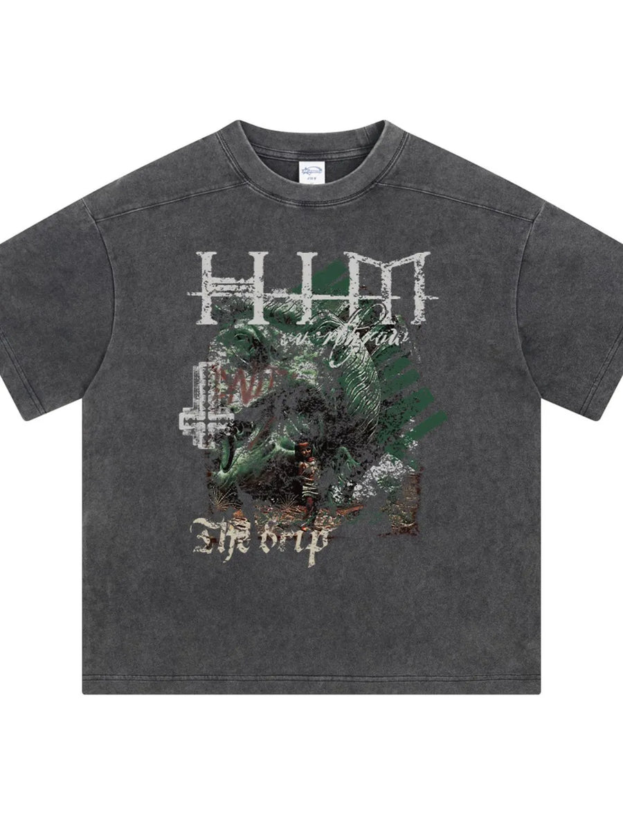 Acid wash dark gray graphic tee with "The Drip" text and distressed graphic print.